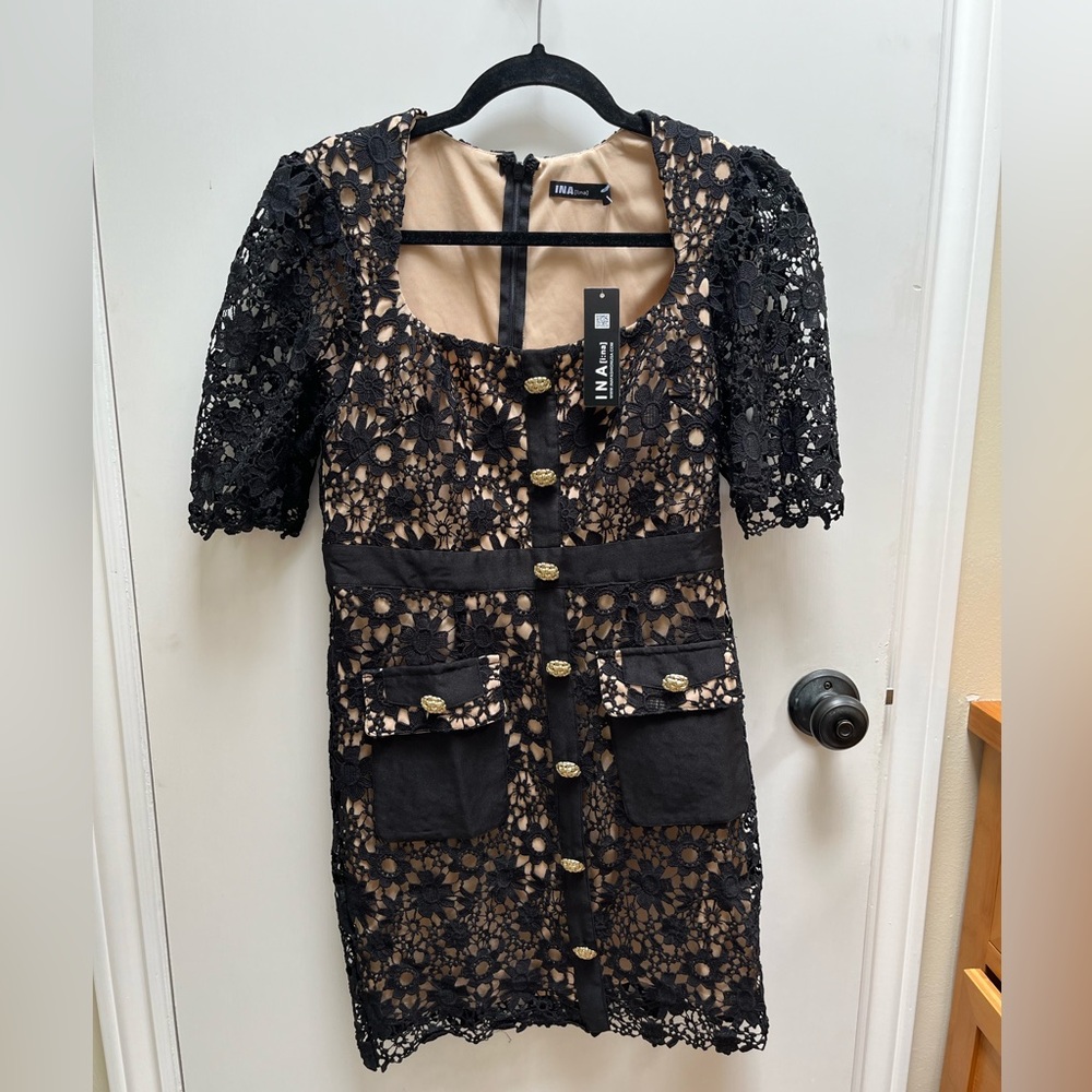 Ina Square Neck Overall Lace Mini Dress in Black Nude M S